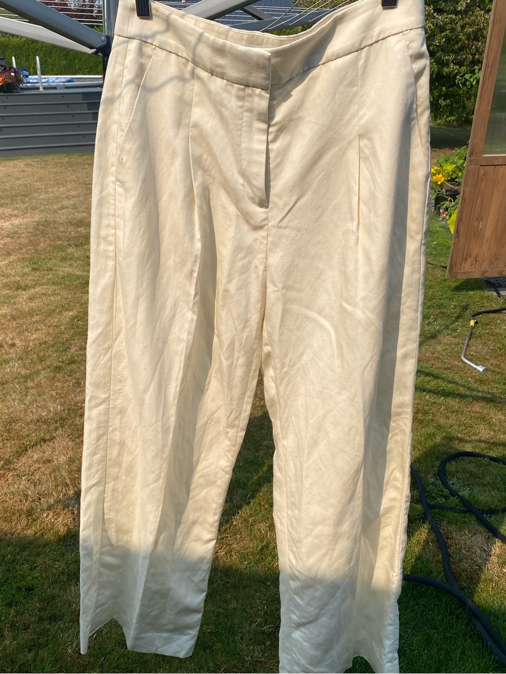 Cream Linen Blend Wide Leg Pleated Pants